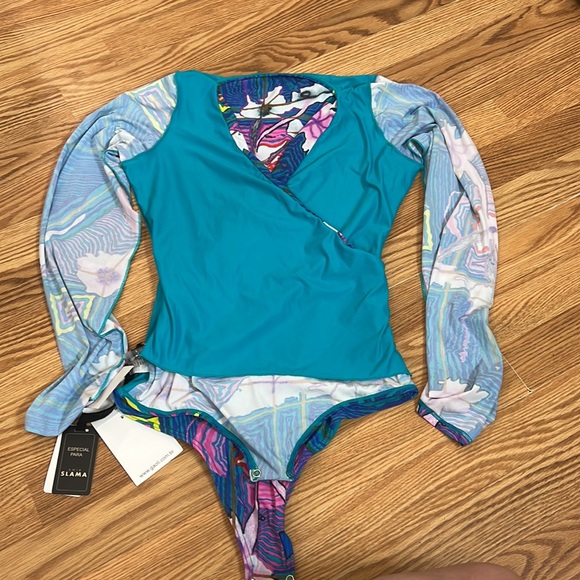 Amir Slama Draped Long Sleeves Bodysuit In Pink ,green and blue size XL - Picture 10 of 16